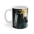 Mystical Hellboy inspired ceramic mug with glossy finish and supernatural artwork featuring a magical flame in a gothic window setting