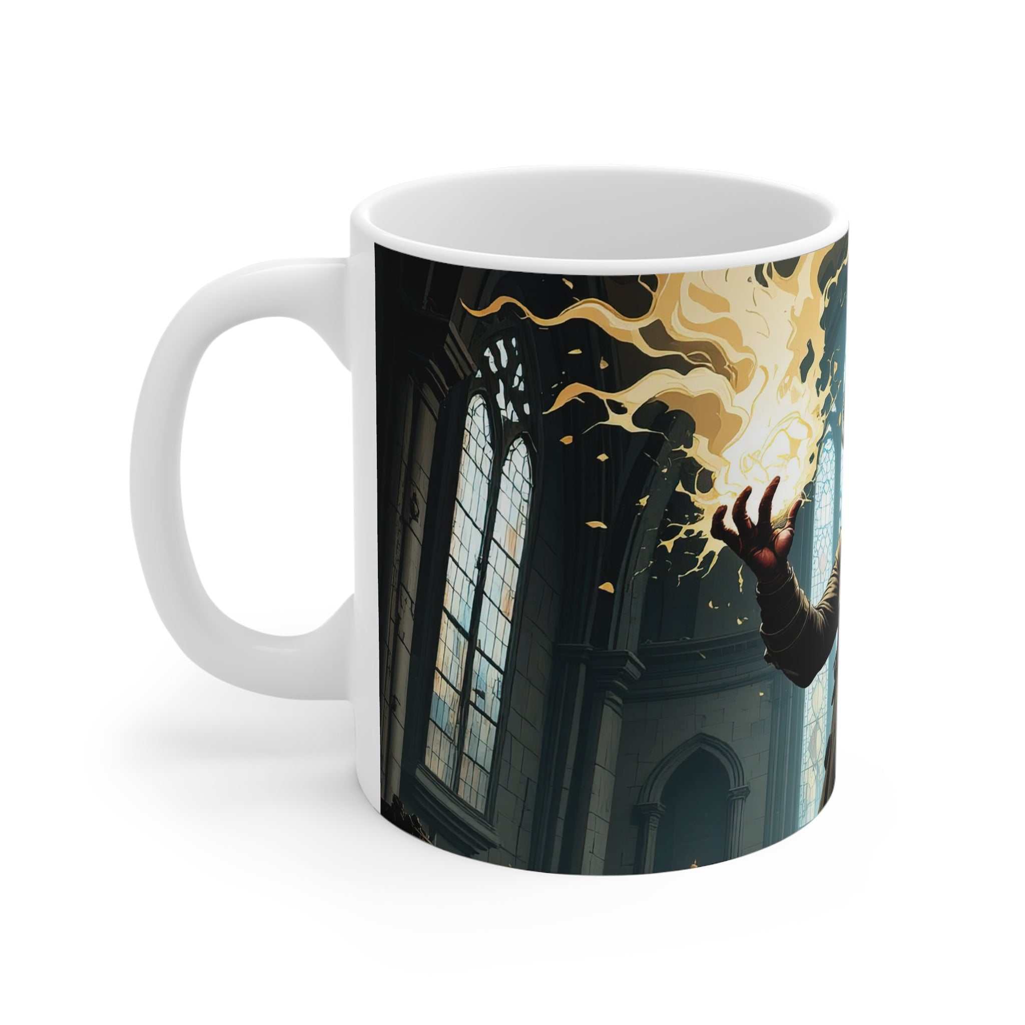 Mystical Hellboy inspired ceramic mug with glossy finish and supernatural artwork featuring a magical flame in a gothic window setting