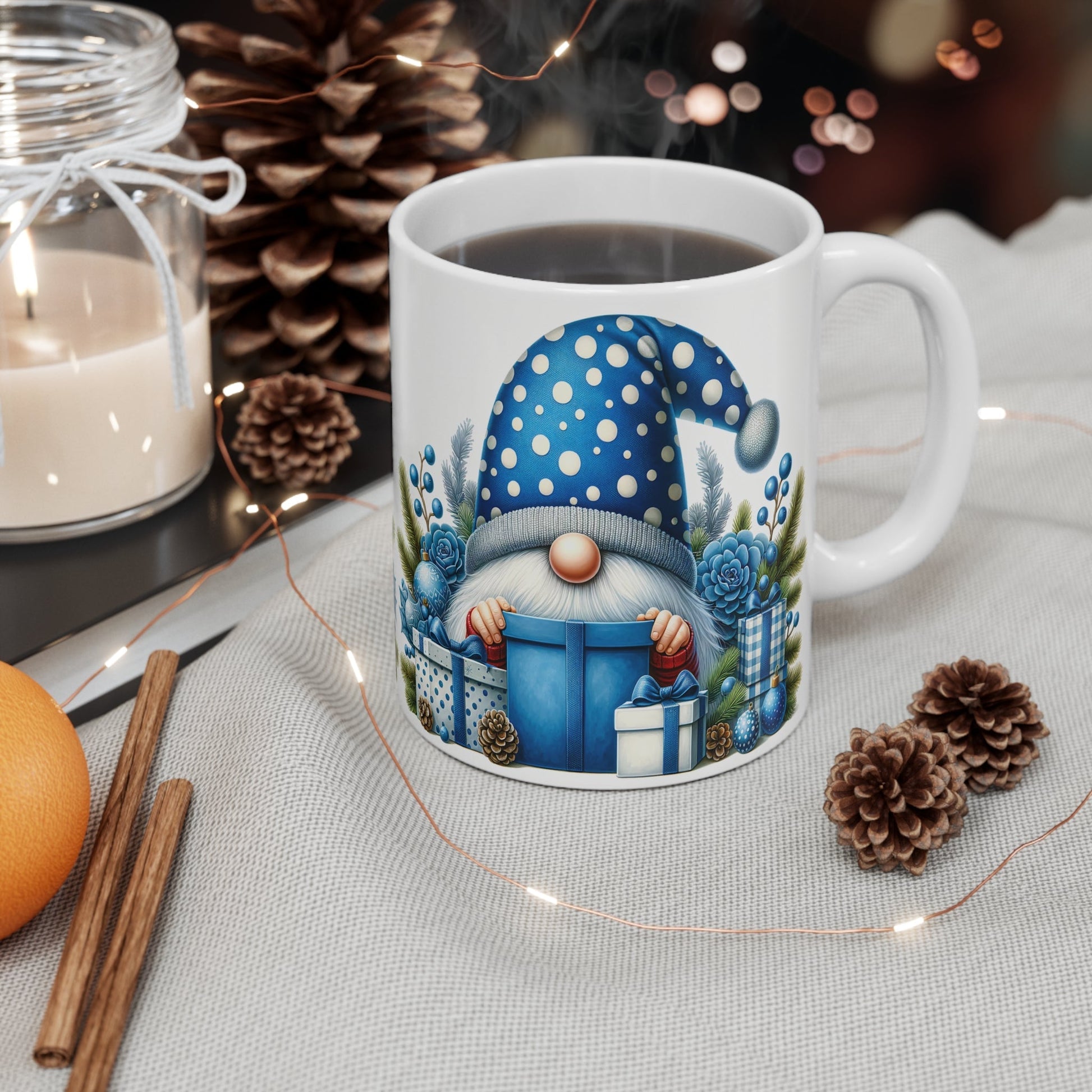 Cute gnome Christmas mug with festive design and glossy finish, perfect for hot chocolate.