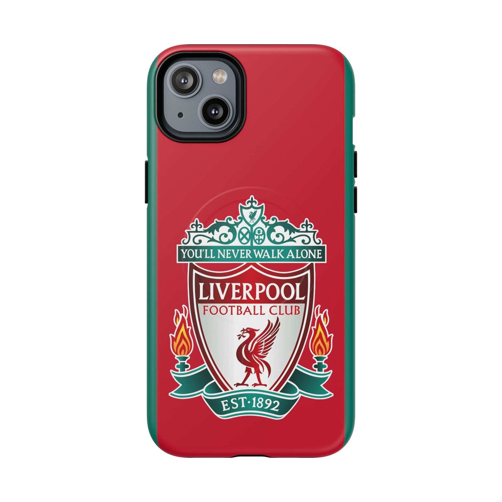 Liverpool FC MagSafe iPhone case in red with official-inspired crest and dual-layer protective design