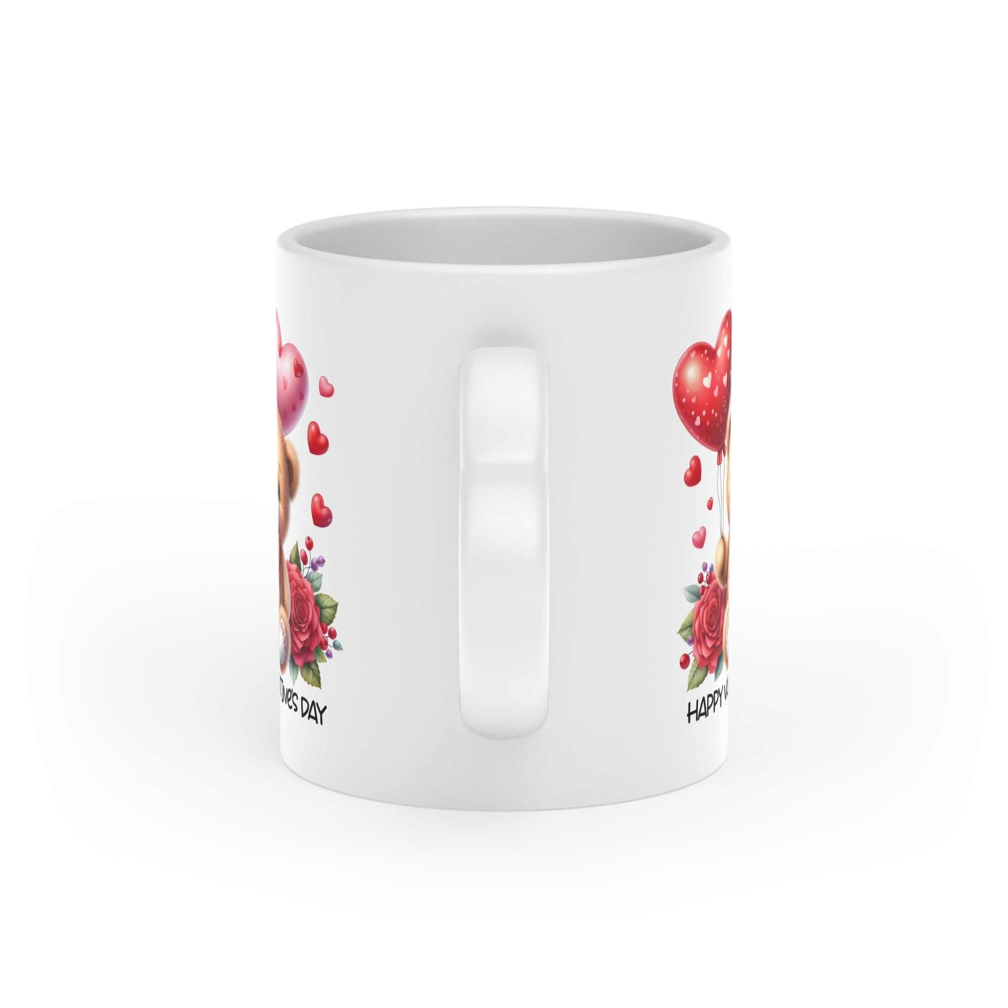 Cute Valentines Day mug with heart-shaped handle and vibrant design.