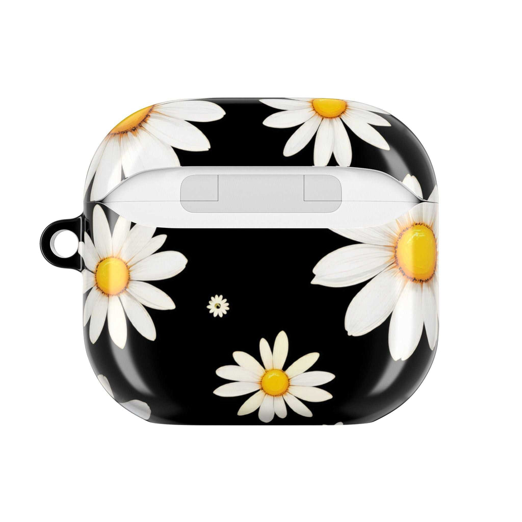 Black Daises AirPods protective case with white and yellow daisies on a black background, durable hard shell design, compatible with AirPods and AirPods Pro.