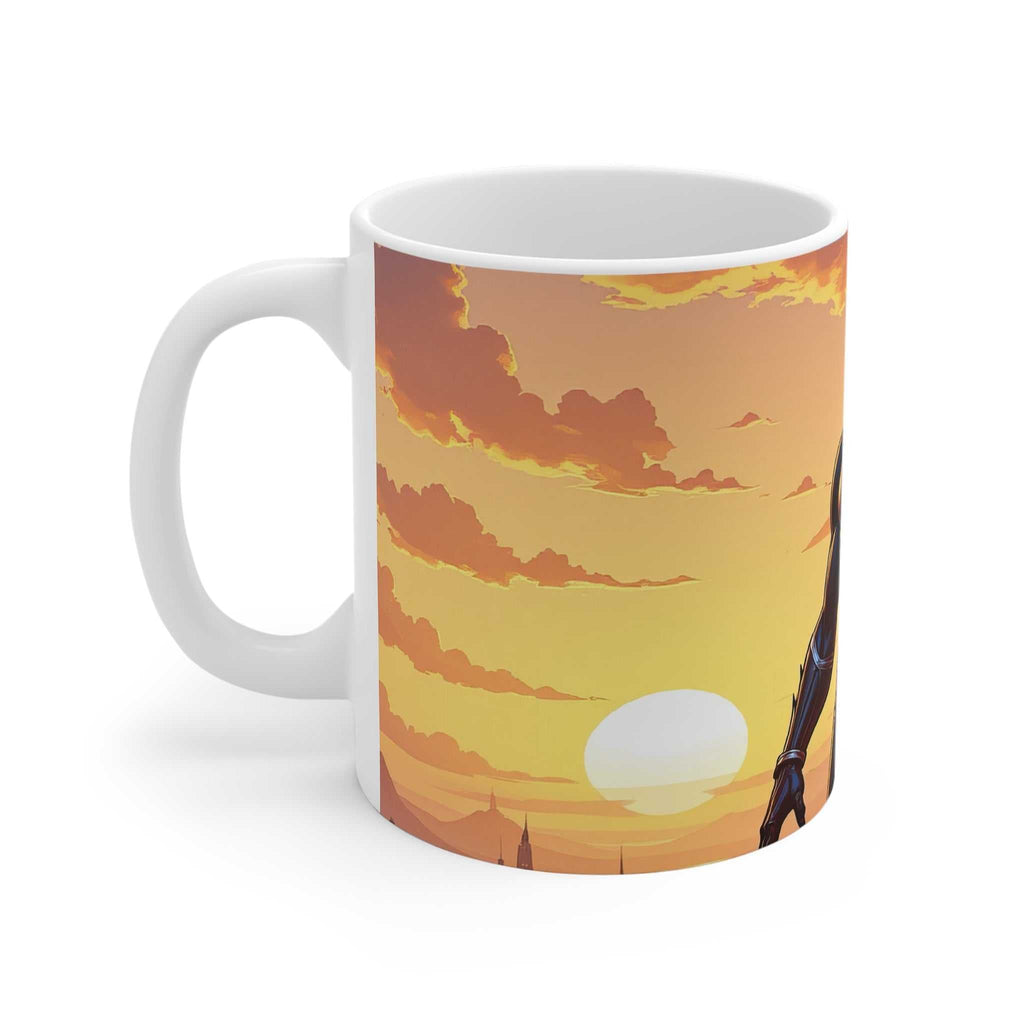 Vibrant Black Panther superhero design on ceramic mug with sunset background