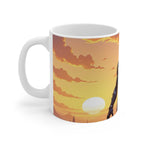 Vibrant Black Panther superhero design on ceramic mug with sunset background