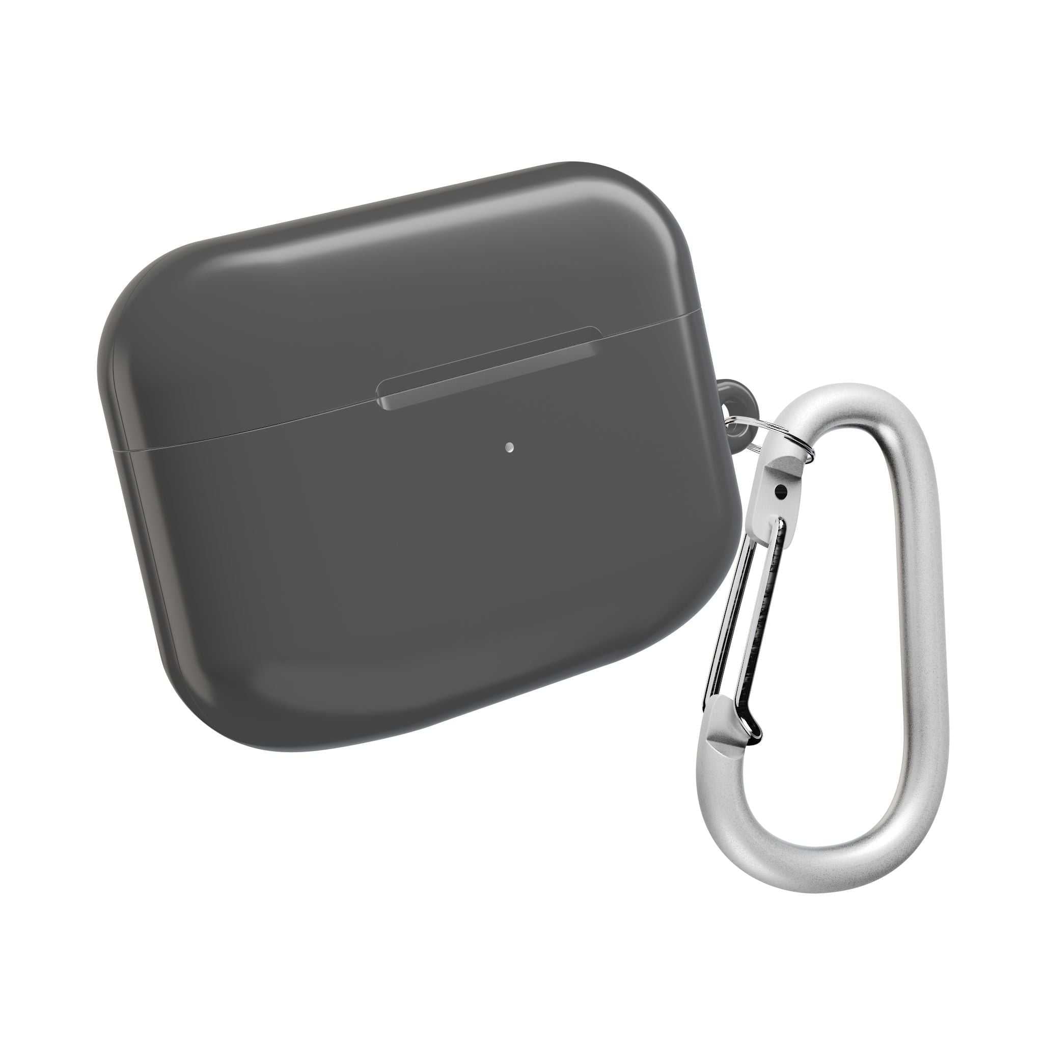 Gunmetal grey hard shell AirPods protective case with carabiner clip and glossy finish