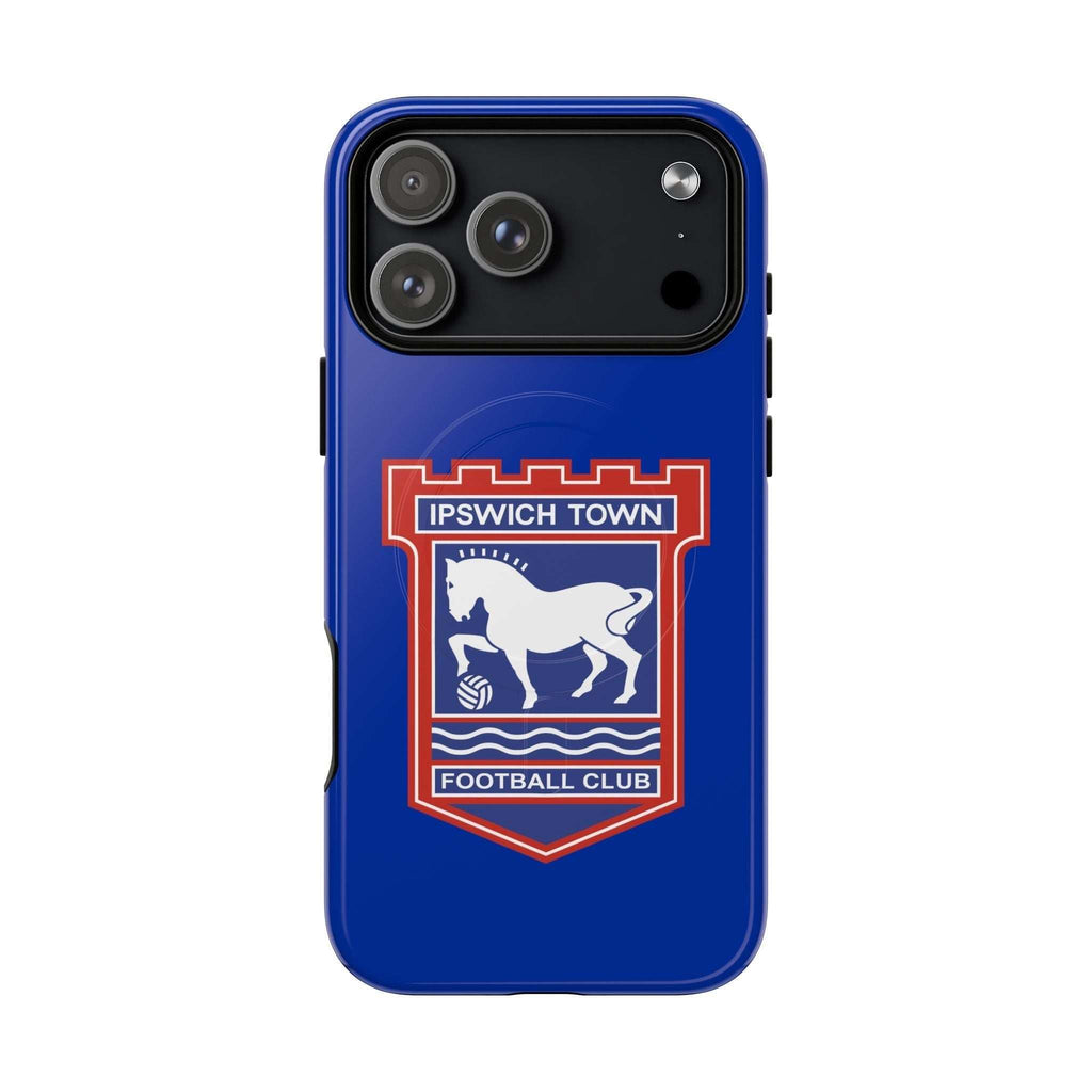 Ipswich Town MagSafe iPhone case with club crest and blue design, protective dual-layer, MagSafe compatible.