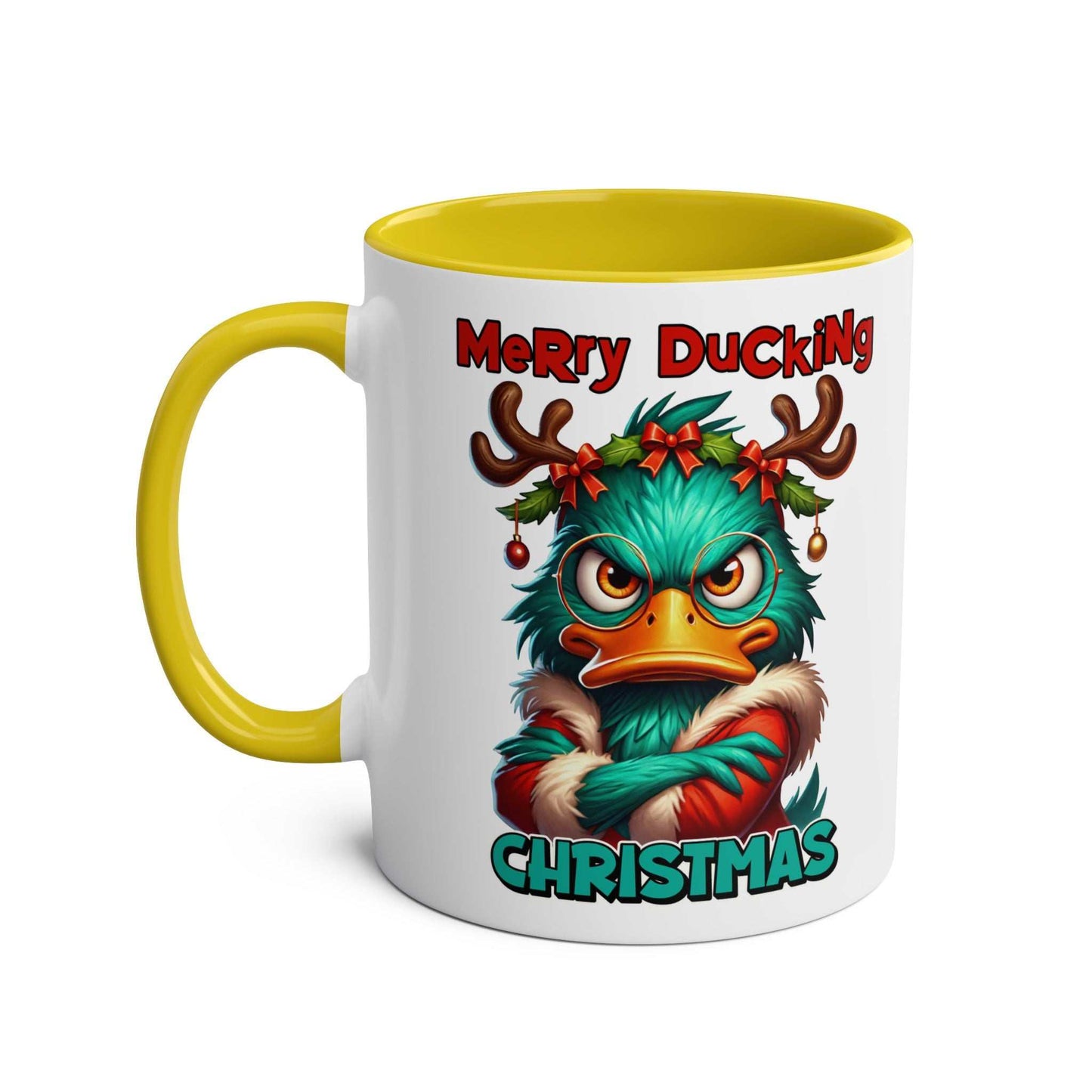 Sarky Christmas Mug with duck design and festive humor, 11oz ceramic, available in 7 colors.