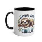 Cute sloth coffee mug with "Natural Born Chiller" design, black handle, and rim.