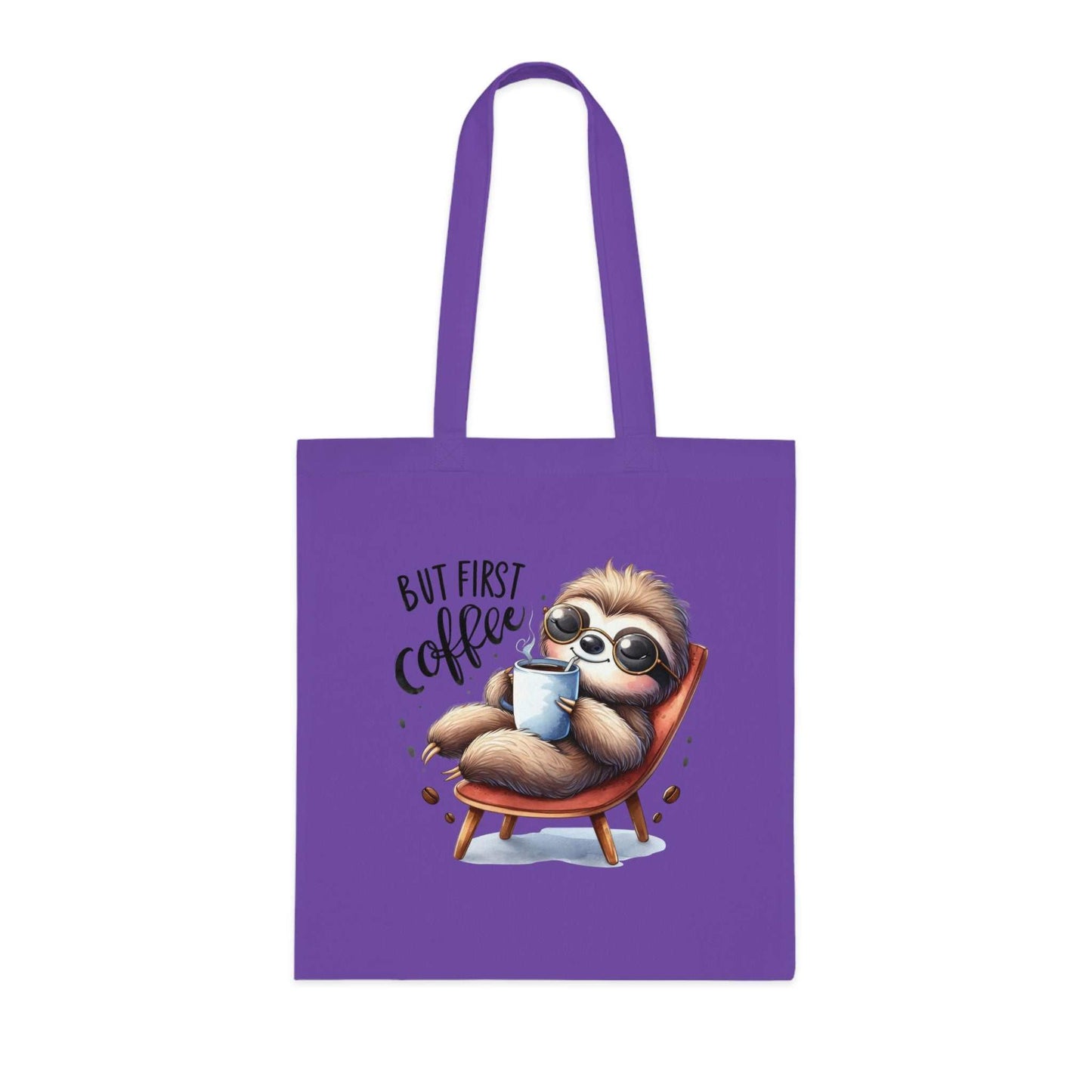 Cotton Tote - Cute Sloth Tote Bag with "But First Coffee" design, purple color.