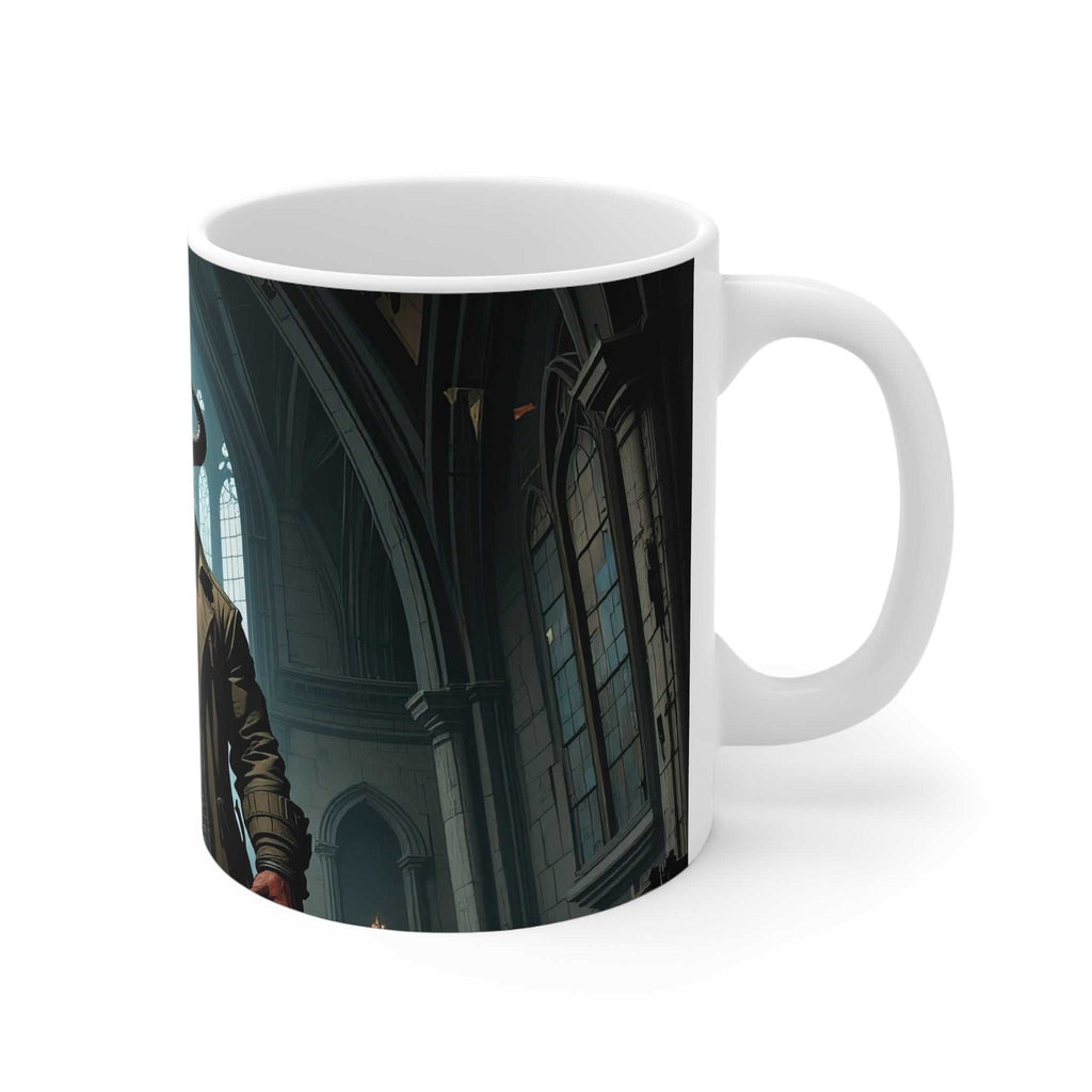 Mystical Hellboy inspired ceramic mug with dark gothic design and glossy finish, microwave and dishwasher safe, 11oz capacity.