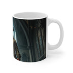 Mystical Hellboy inspired ceramic mug with dark gothic design and glossy finish, microwave and dishwasher safe, 11oz capacity.