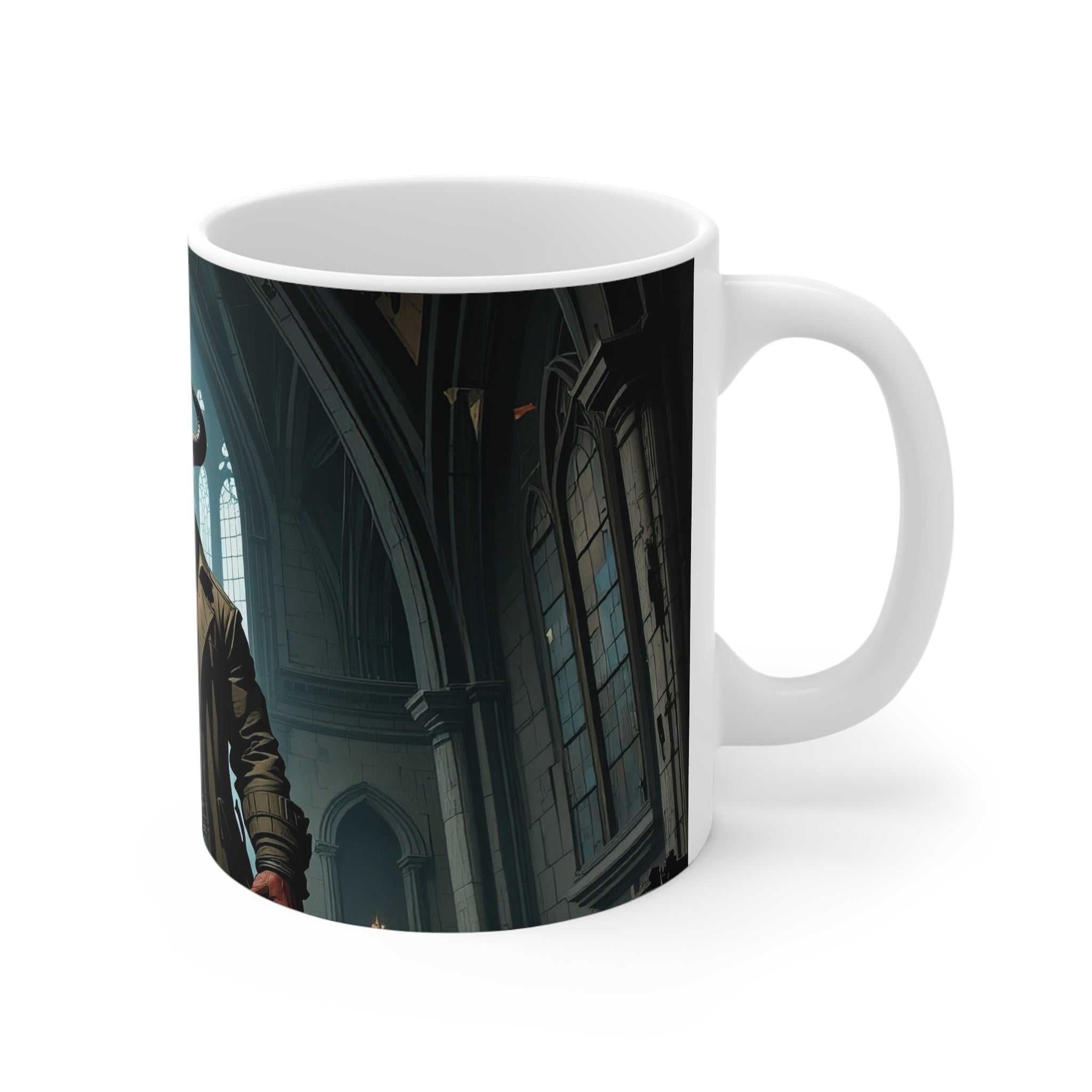 Mystical Hellboy inspired ceramic mug with dark gothic design and glossy finish, microwave and dishwasher safe, 11oz capacity.