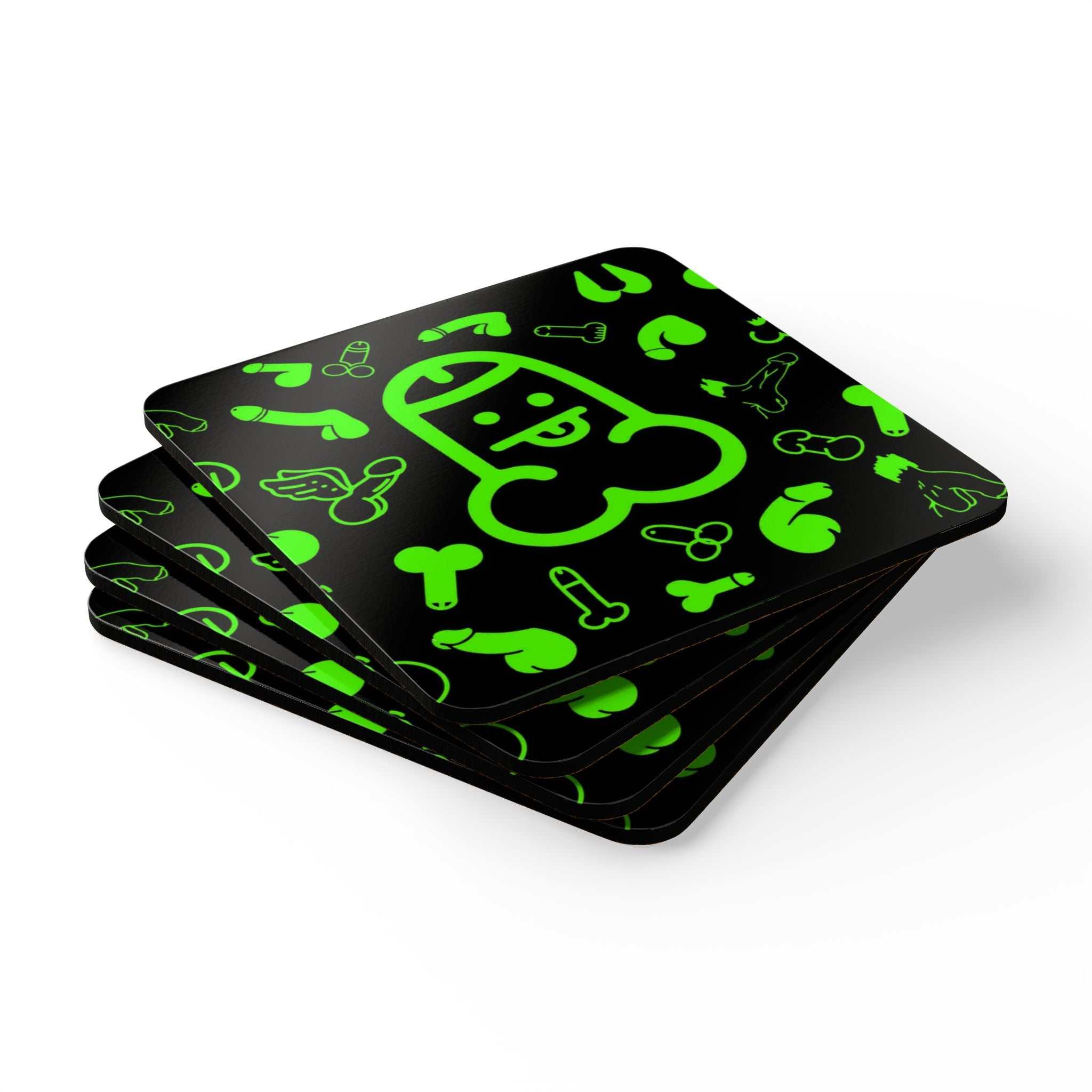 Green Willies Coaster Set with playful, cheeky design, MDF top, cork back, water-repellent, heat-resistant, 4-piece set.