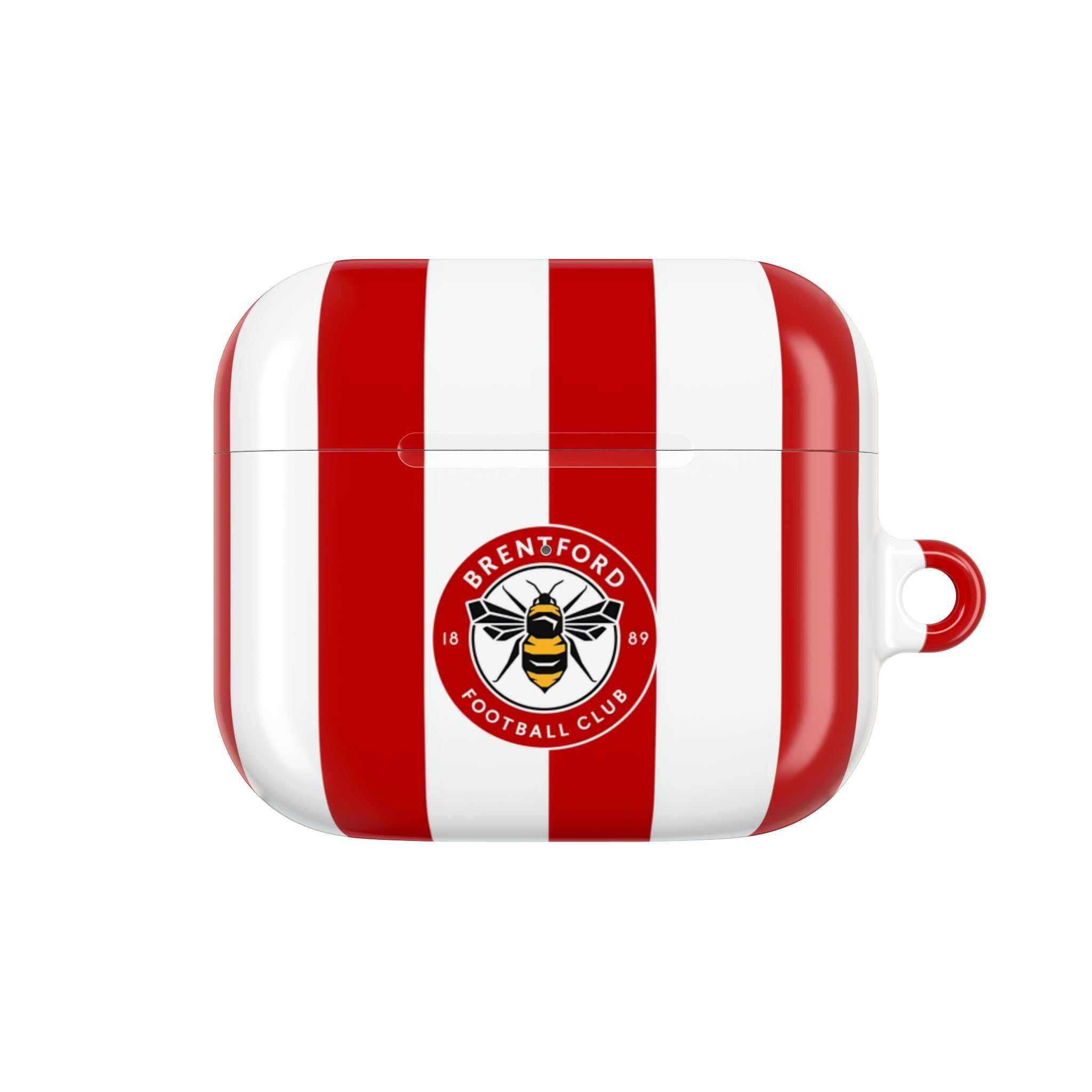 Brentford FC AirPods protective case with red and white stripes and bee crest, durable and wireless charging compatible