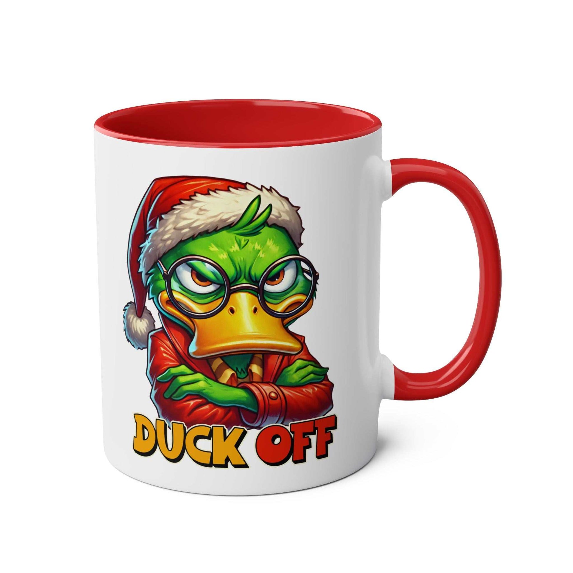 Sarky Christmas Mug with sassy duck design and red handle.