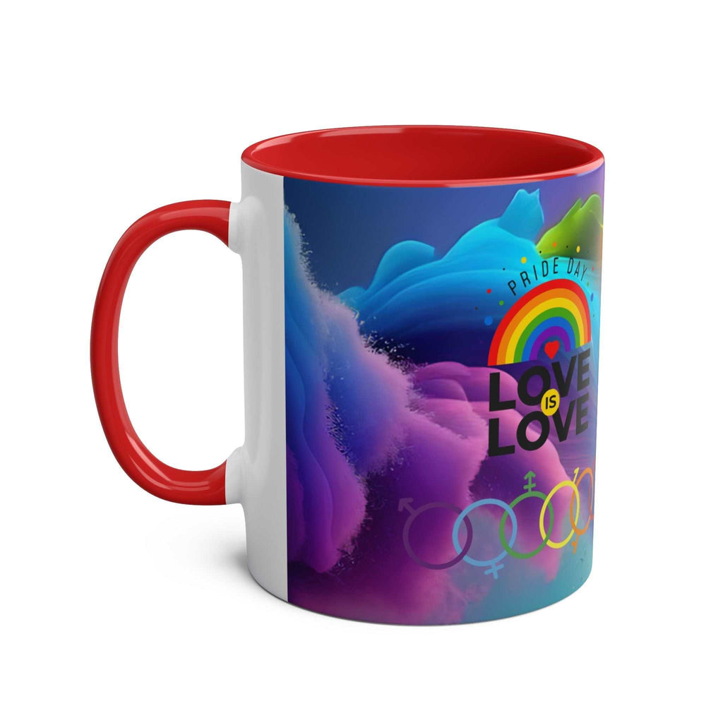 LGBTQ+ Pride mug with vibrant rainbow design, ceramic, 11oz, red handle.