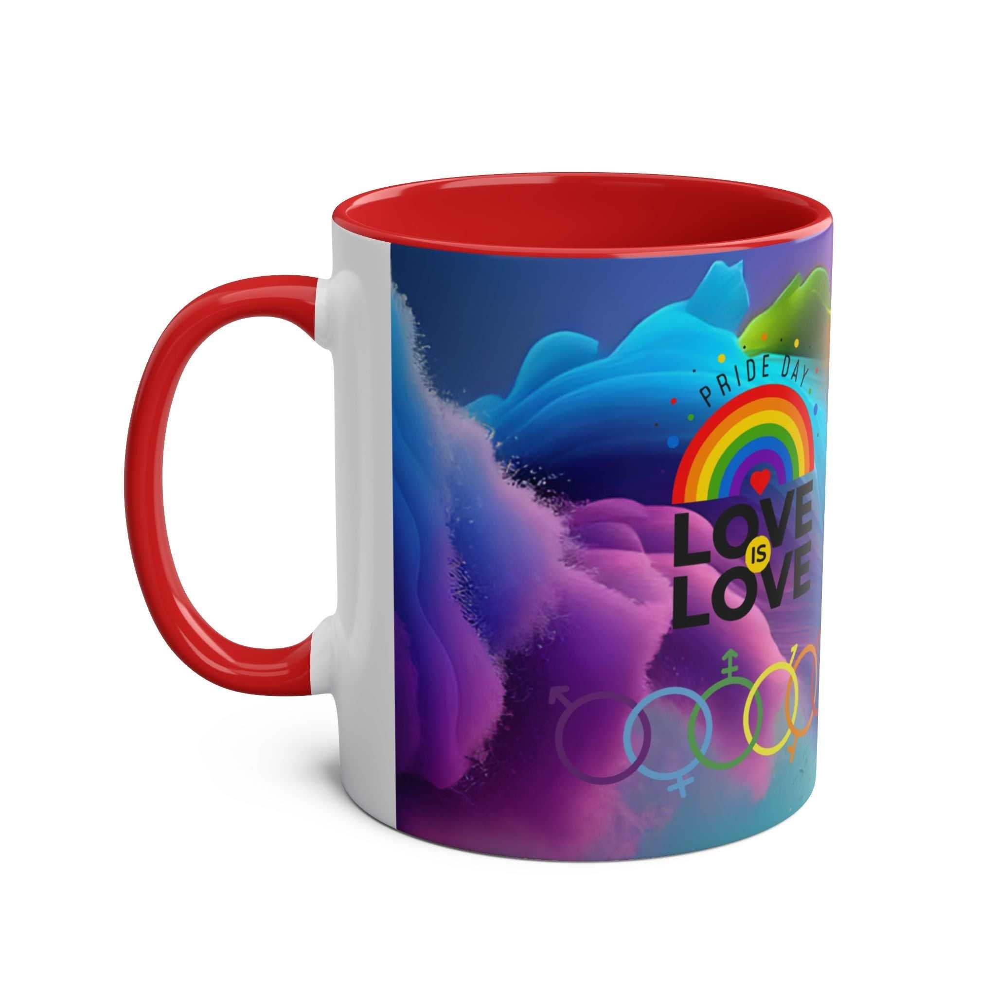 LGBTQ+ Pride mug with vibrant rainbow design, ceramic, 11oz, red handle.