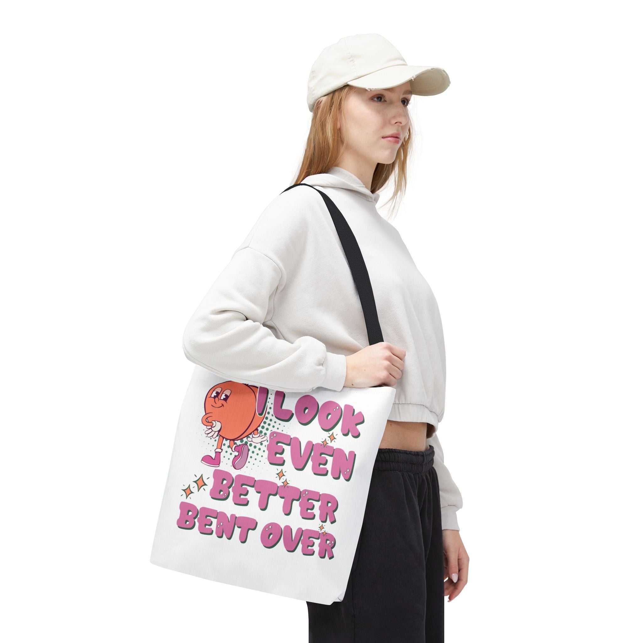 Cheeky Even Better Bent Over Tote Bag with multiple sizes and handle colors, durable polyester fabric, perfect for errands and casual outings