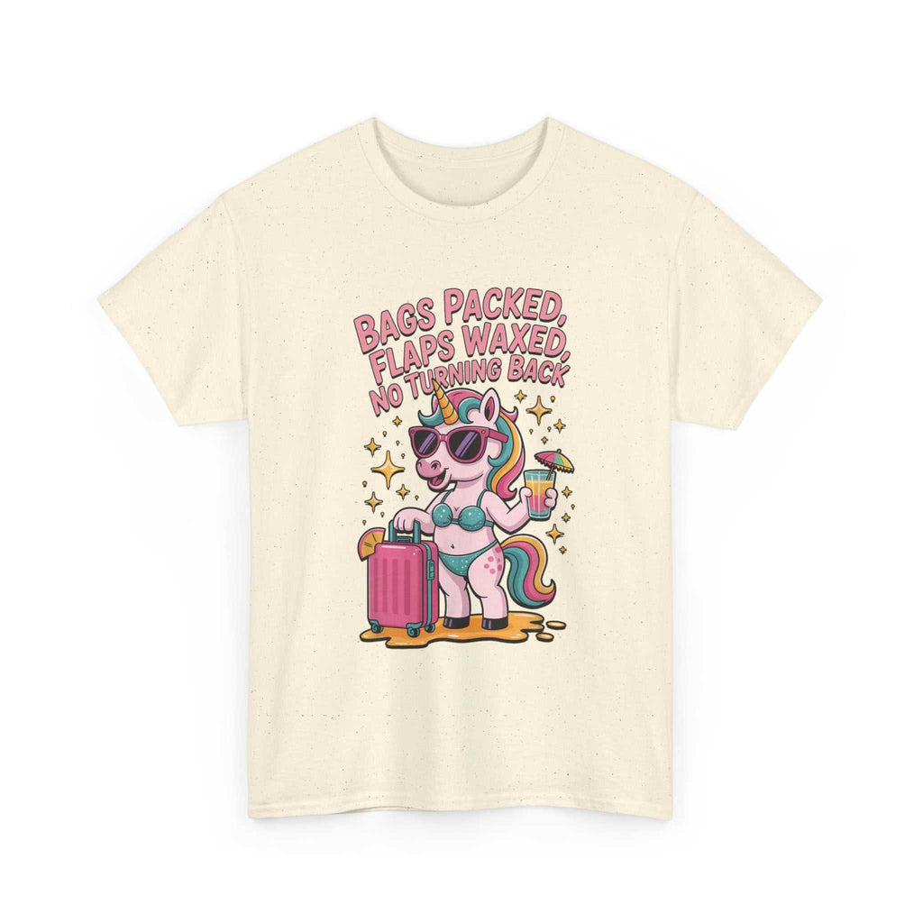 Woman wearing Bags Packed Flaps Waxed No Turning Back T-Shirt for travel and adventure