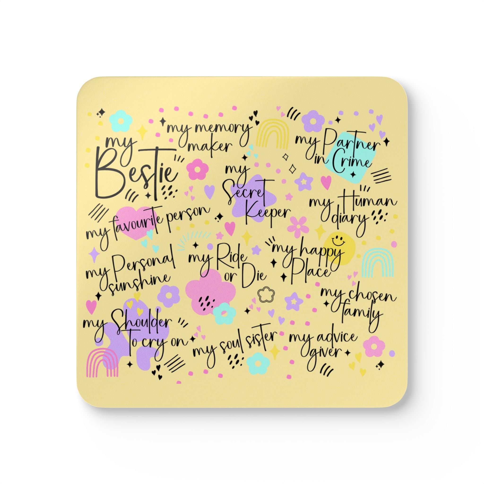 Bestie Yellow Coaster Set with playful text and colorful design on high-gloss MDF top.