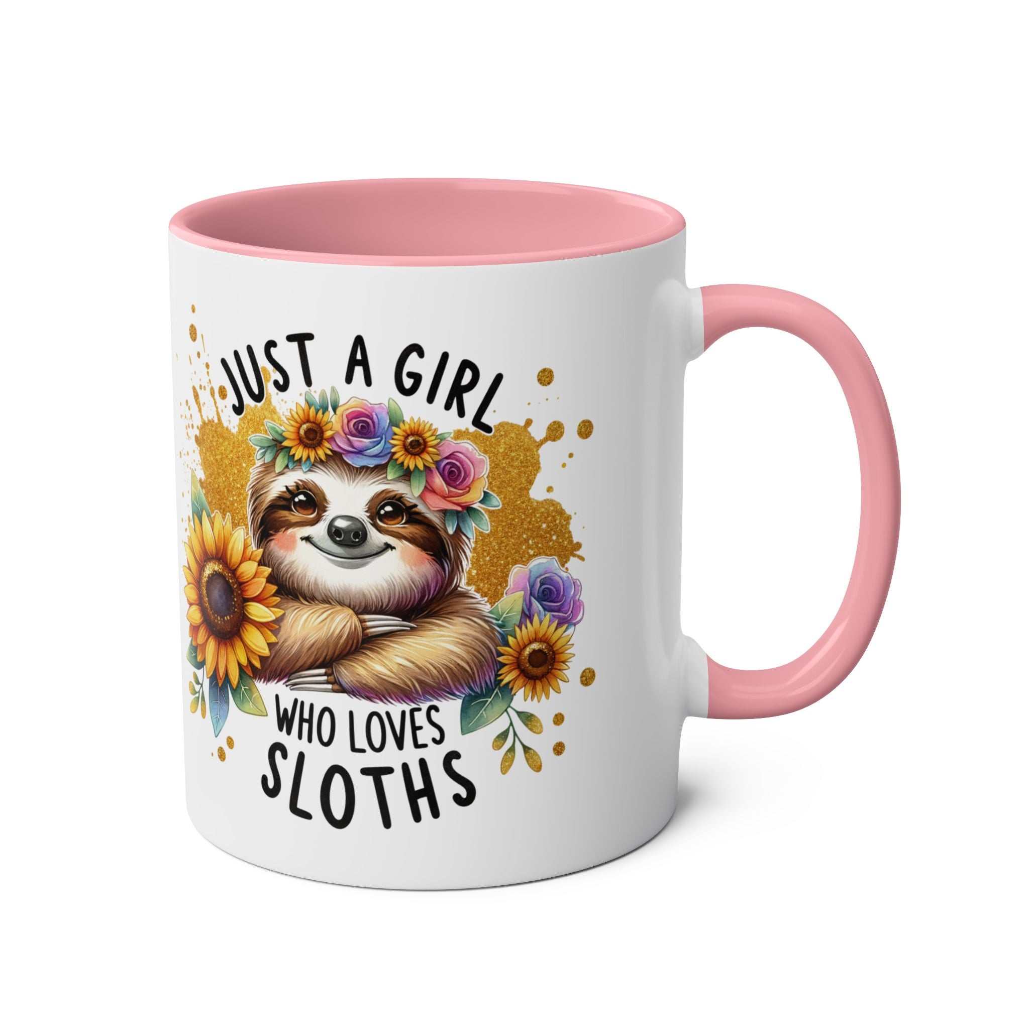 Cute sloth coffee mug with pink handle and floral design.