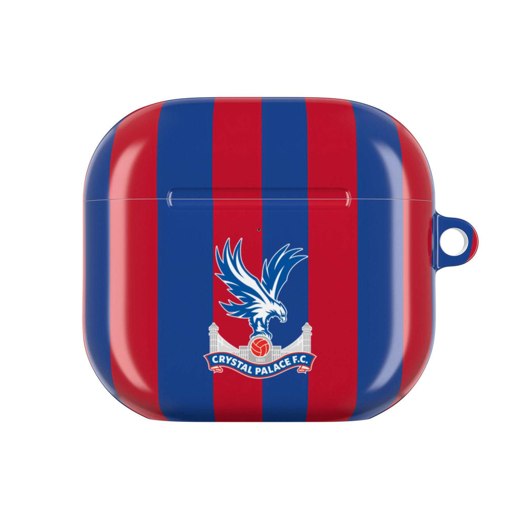Crystal Palace FC AirPods case with red and blue stripes and eagle crest, durable protective hard shell, wireless charging compatible