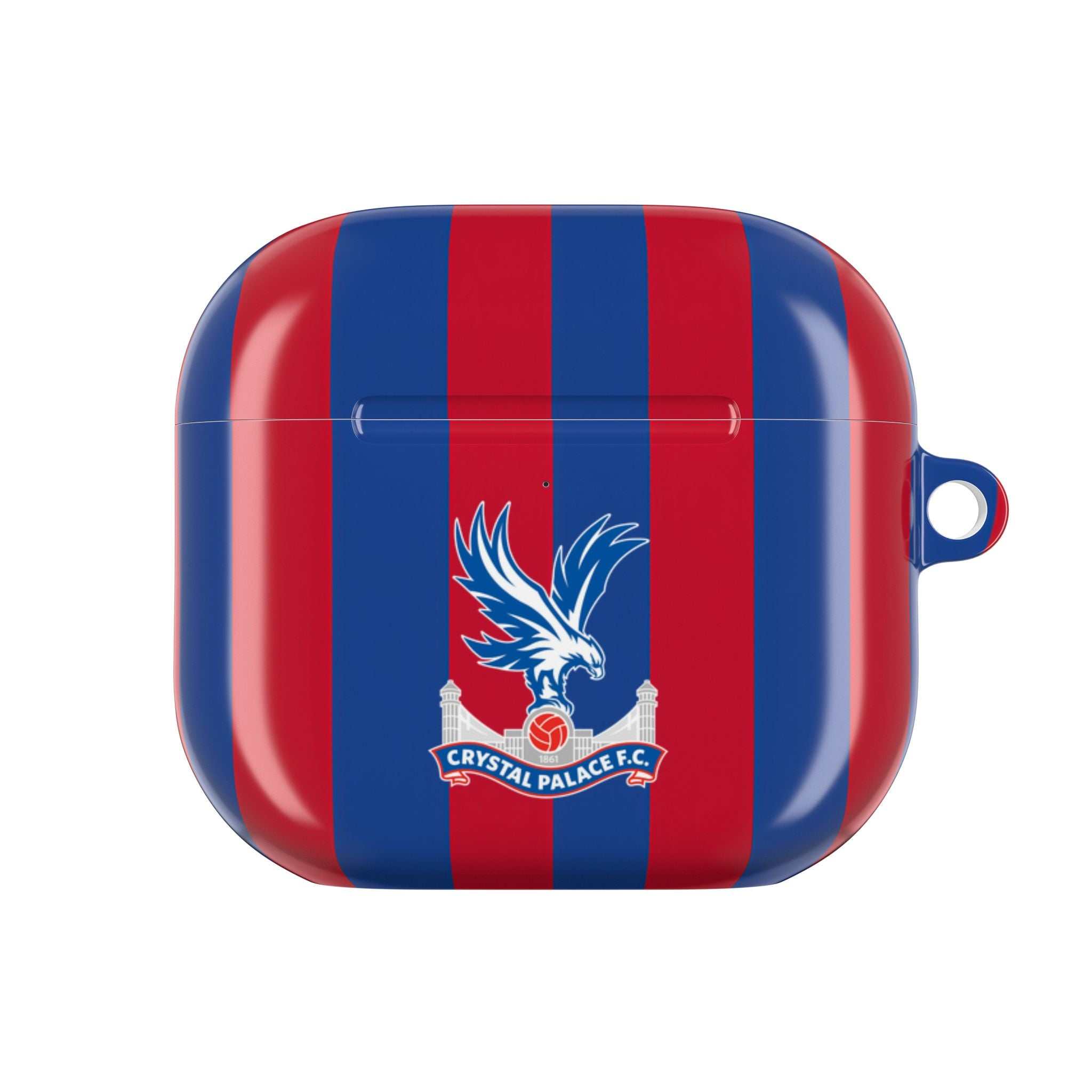 Crystal Palace FC AirPods case with red and blue stripes and eagle crest, durable protective hard shell, wireless charging compatible