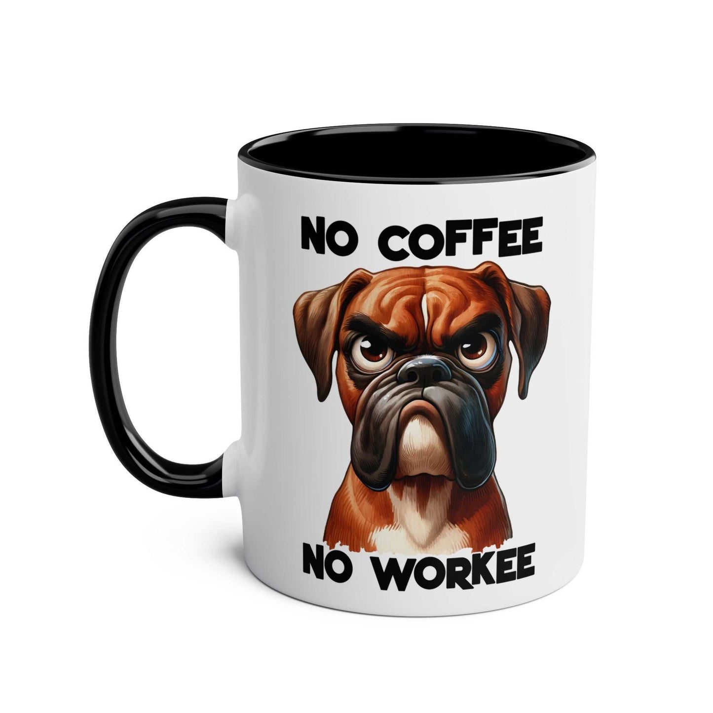 No Coffee No Workee Mug with sarky dog design, ceramic, glossy finish, microwave and dishwasher safe.