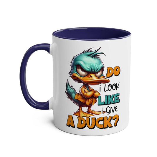 Quirky duck coffee mug with sarky design and glossy finish.