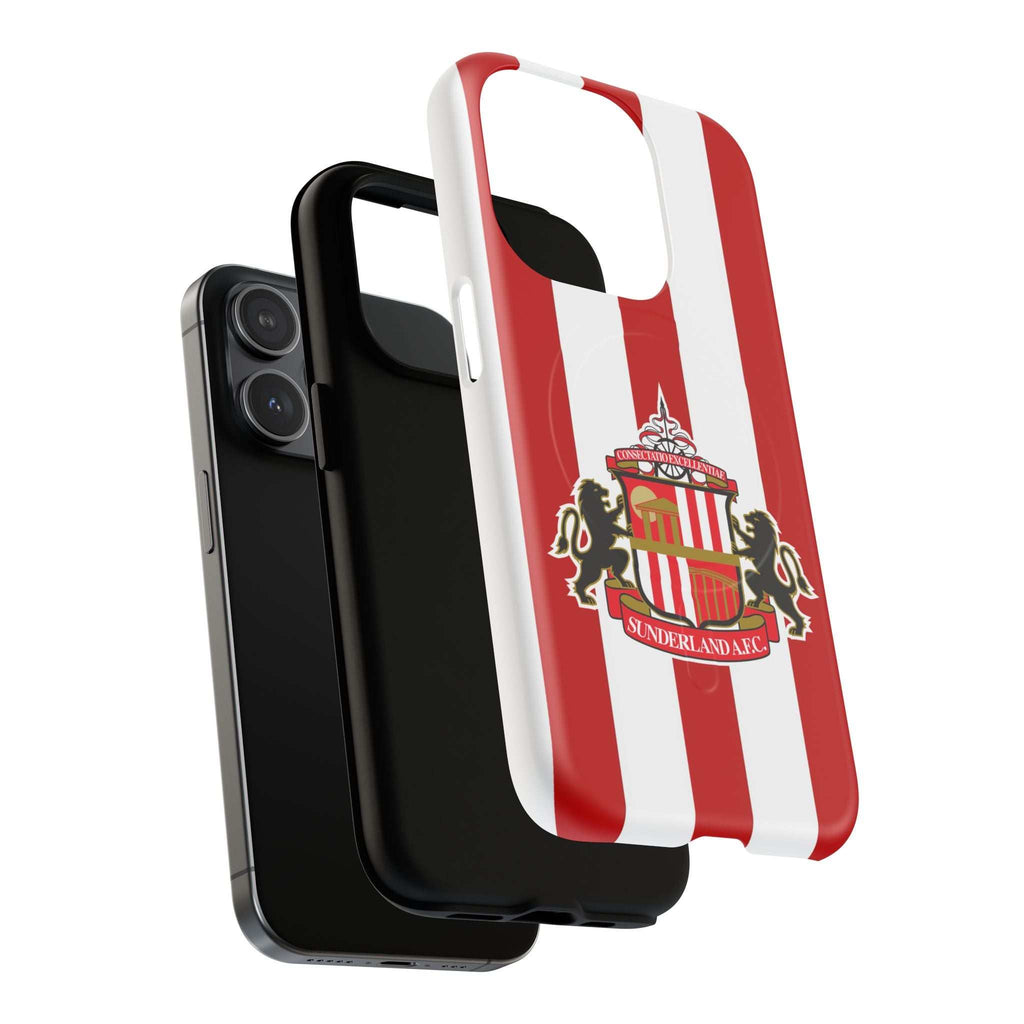 Sunderland FC MagSafe iPhone case with red and white colors and clan-inspired crest, dual-layer protection and MagSafe compatibility