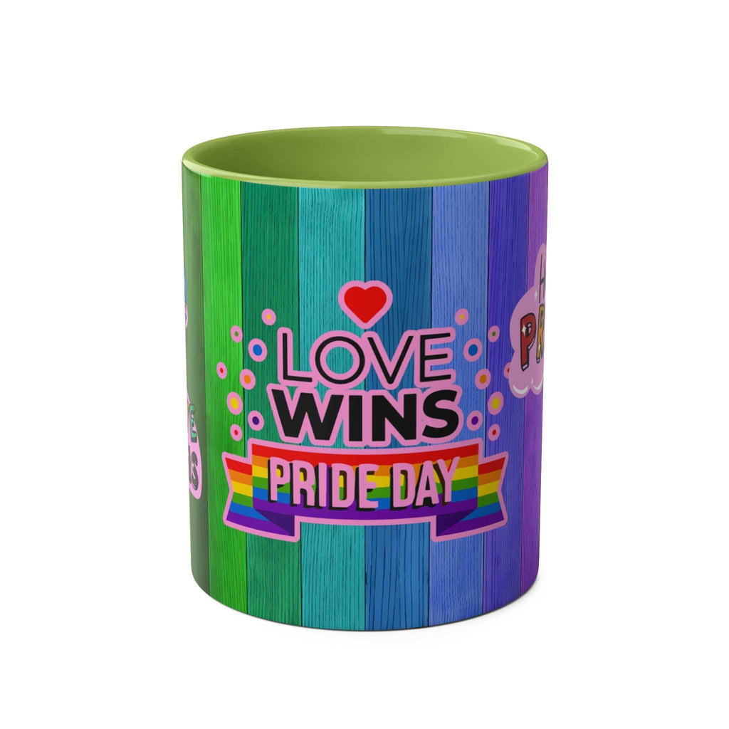 LGBTQ+ Pride Mug with rainbow design and "Love Wins" message.