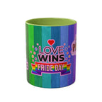 LGBTQ+ Pride Mug with rainbow design and "Love Wins" message.
