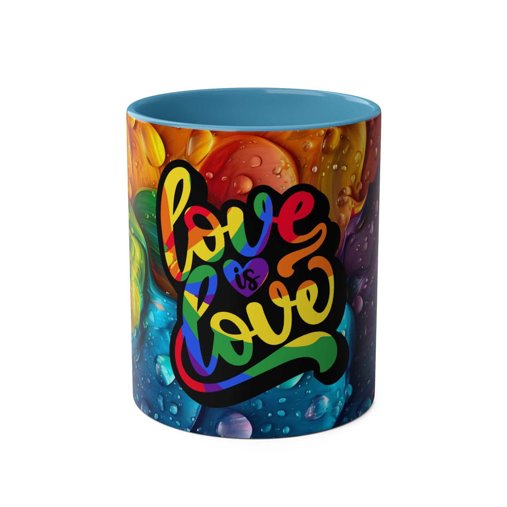LGBTQ+ Pride mug with vibrant rainbow design and "Love is Love" message.