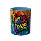 LGBTQ+ Pride mug with vibrant rainbow design and "Love is Love" message.