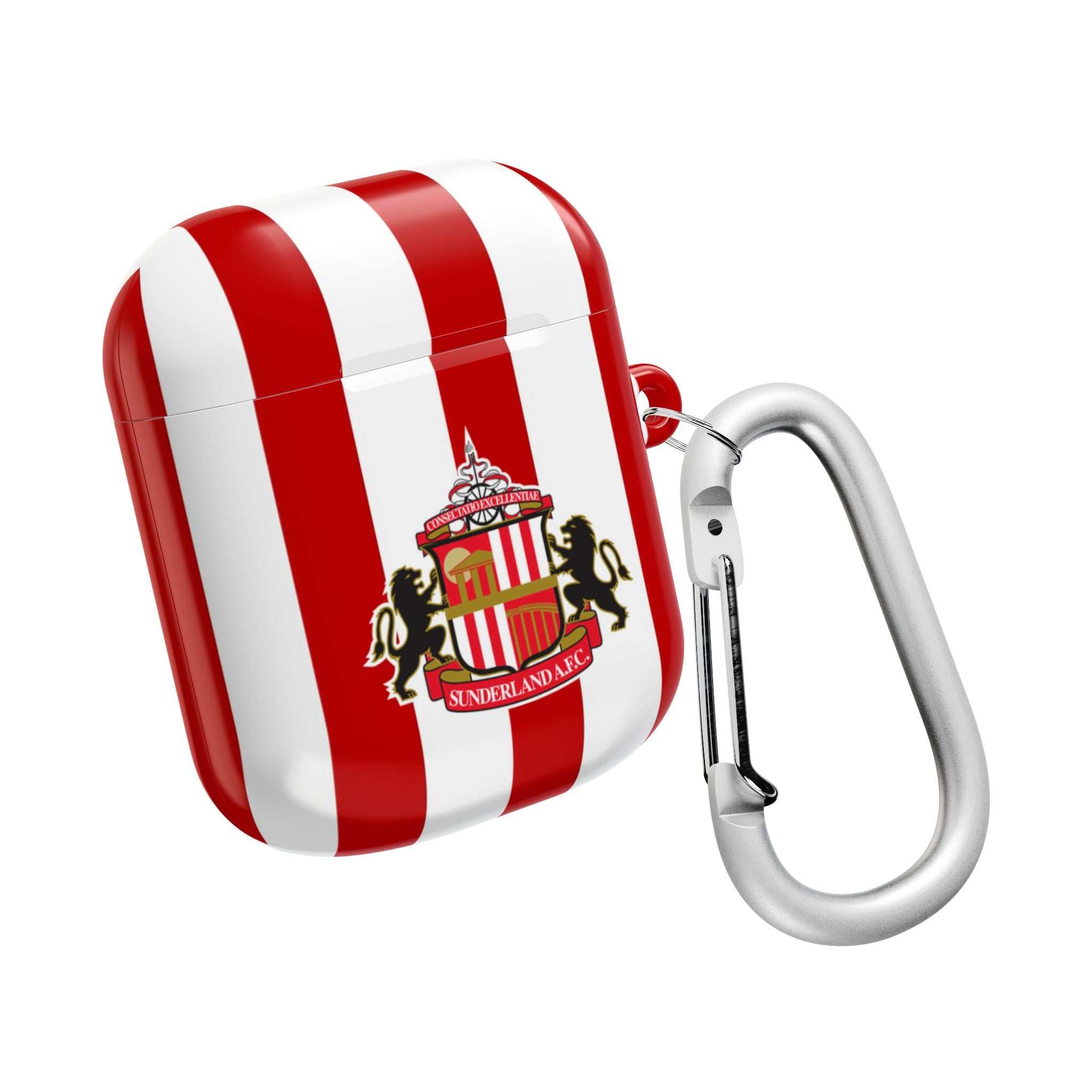 Sunderland FC AirPods protective case with red and white stripes and club crest, durable and wireless charging compatible