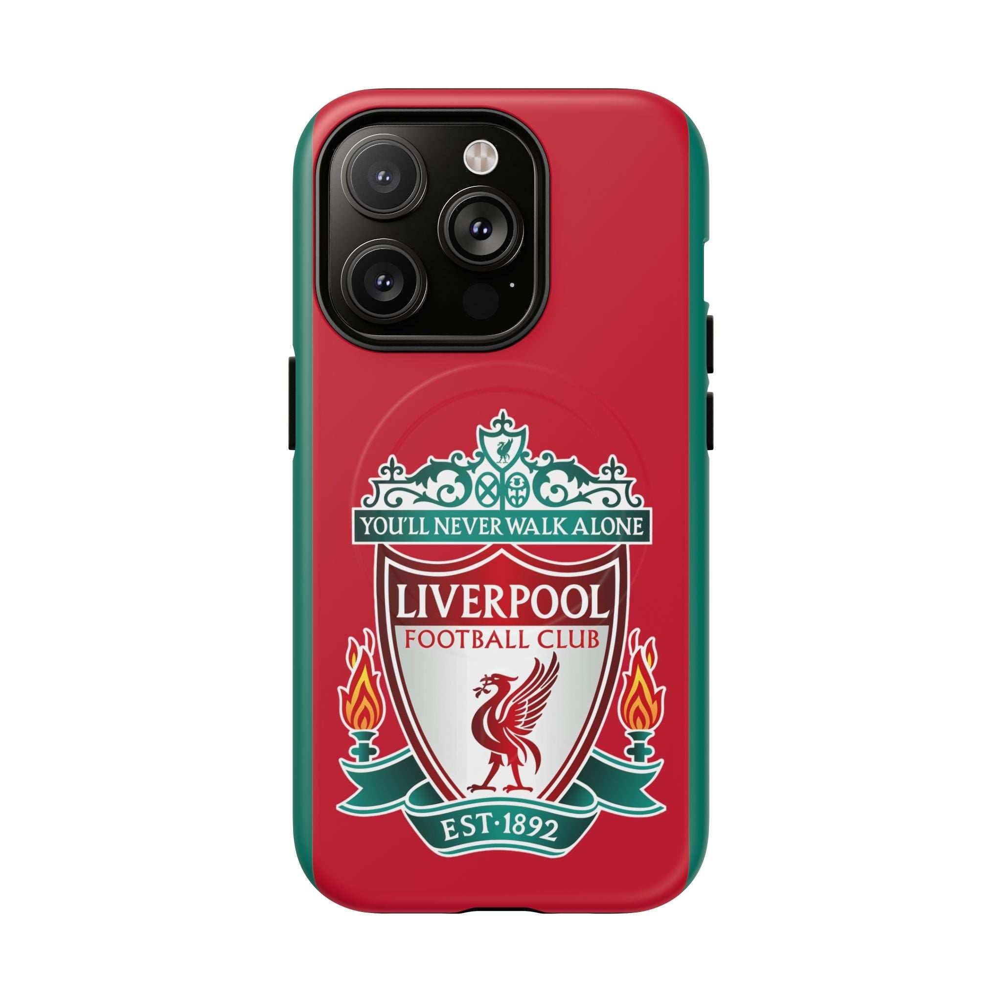Liverpool FC MagSafe iPhone case with red background and official-style club crest, dual layer protective design