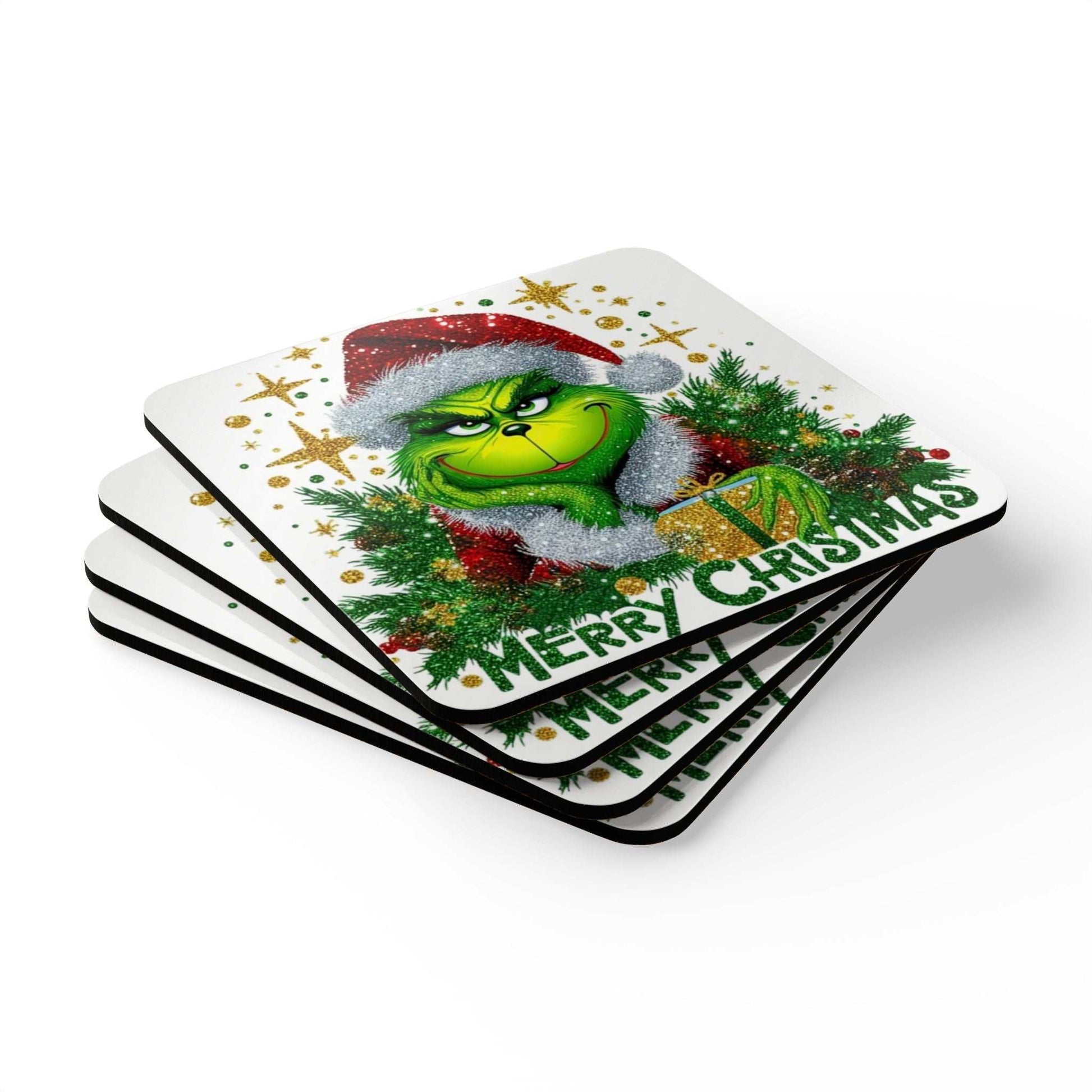 Grinch Merry Christmas Coaster Set with festive design, high-gloss MDF top, and cork back, perfect for holiday décor.