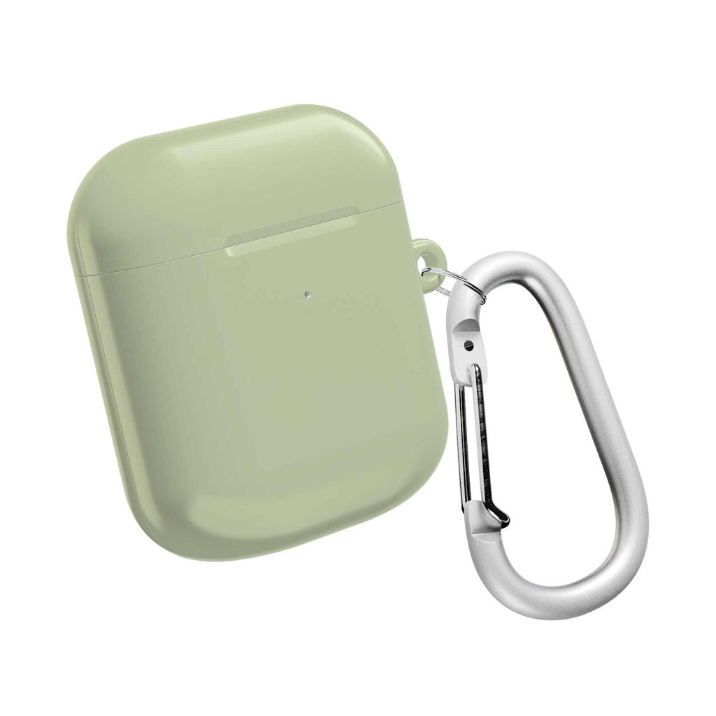 Sage green AirPods protective case with glossy finish and silver carabiner clip