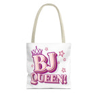 BJ Queen Tote Bag with cheeky design, durable spun polyester, multiple sizes and handle color options