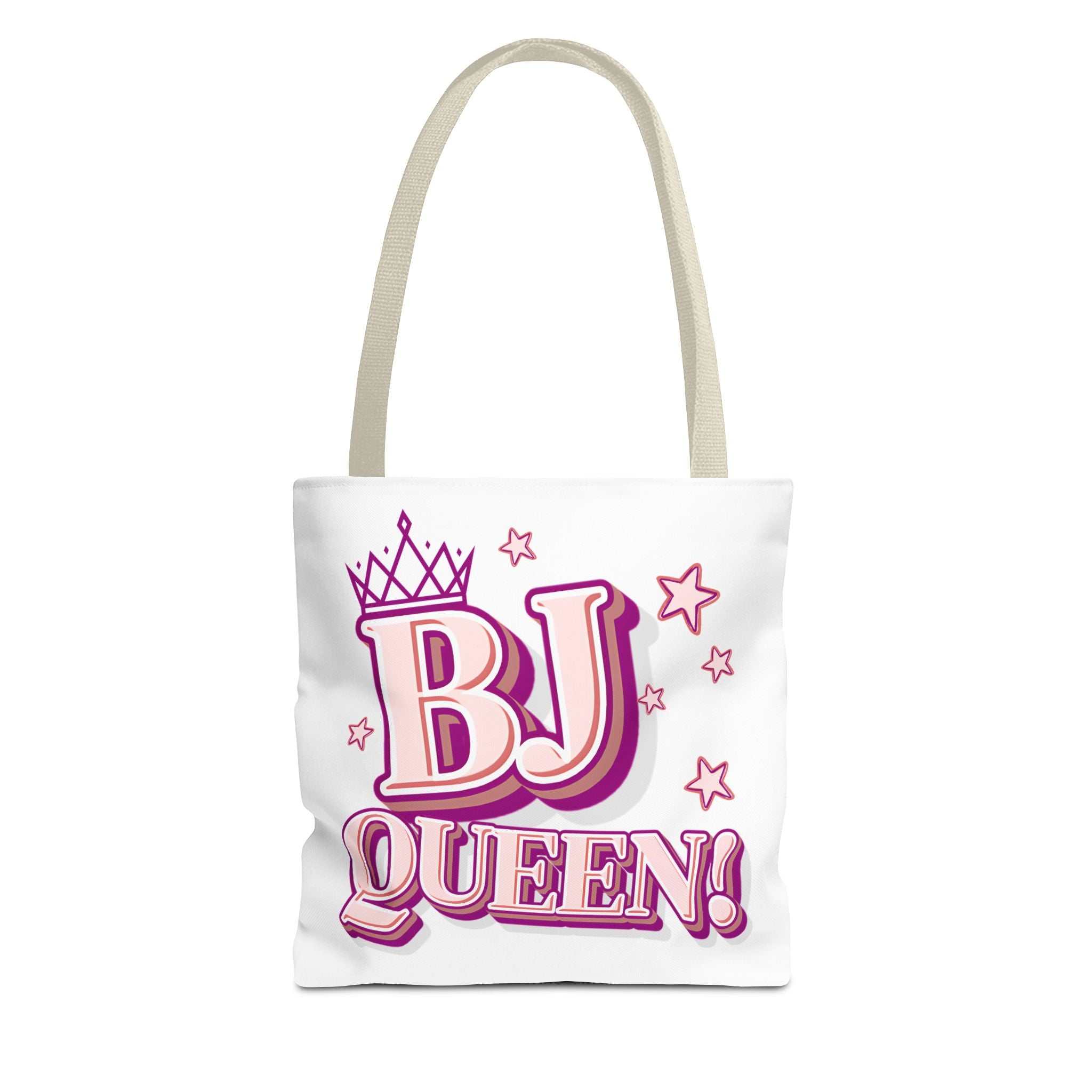 BJ Queen Tote Bag with cheeky design, durable spun polyester, multiple sizes and handle color options