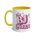 BJ Queen Coffee Mug in vibrant colors with bold, cheeky design on glossy ceramic cup