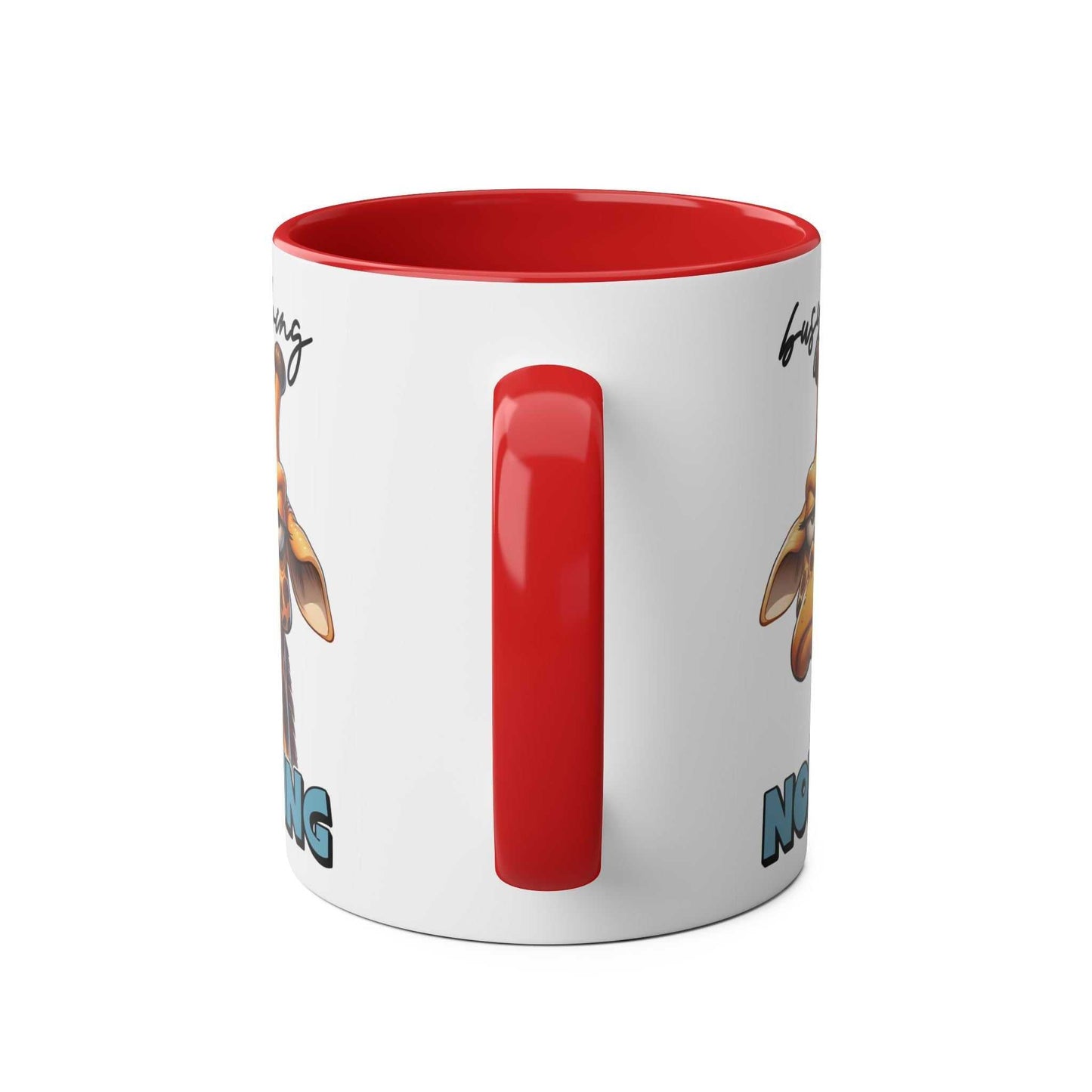 Busy Doing Nothing coffee mug with giraffe design and red handle.