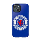Rangers FC MagSafe iPhone case in royal blue with club crest, dual layer protection, and wireless charging compatible