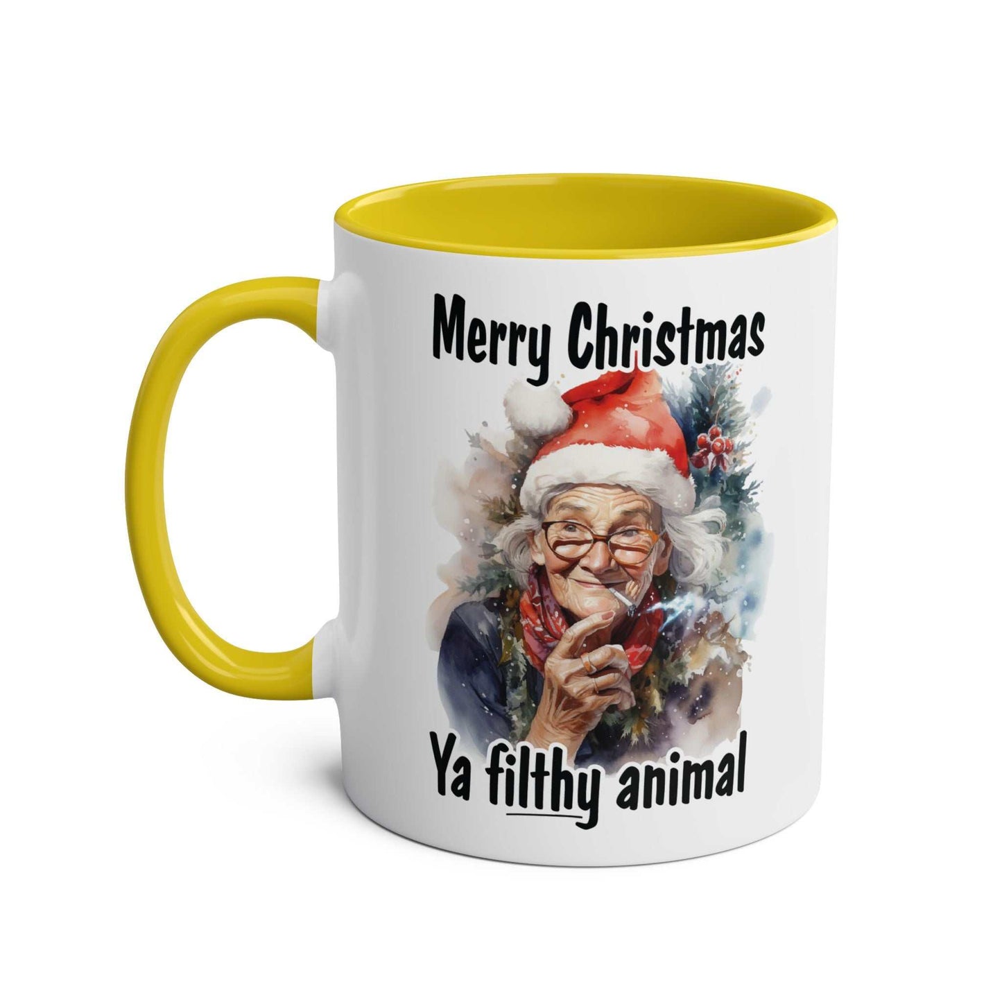 Sweary Granny Christmas Mug with festive design and yellow handle.