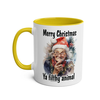 Sweary Granny Christmas Mug with festive design and yellow handle.