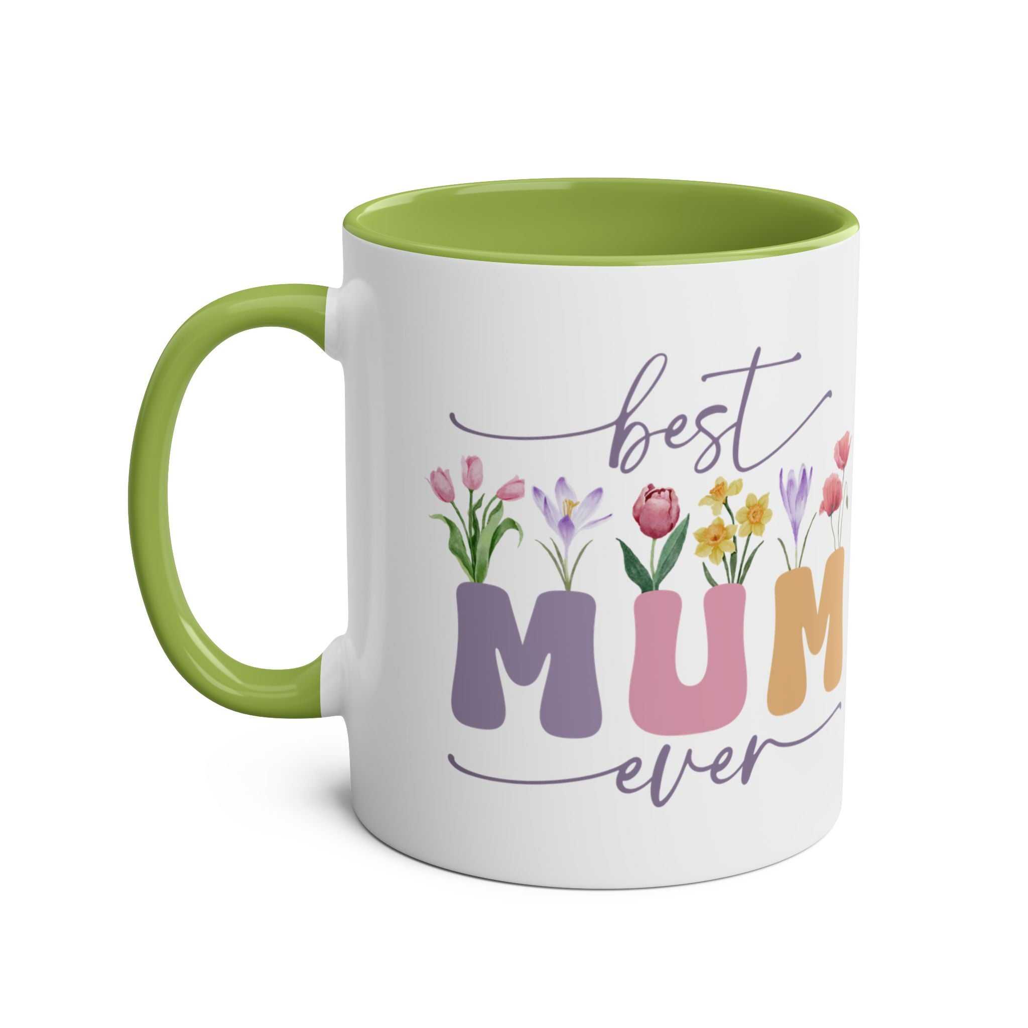 Best Mum Ever Mother's Day gift mug with floral design, green handle, and interior.