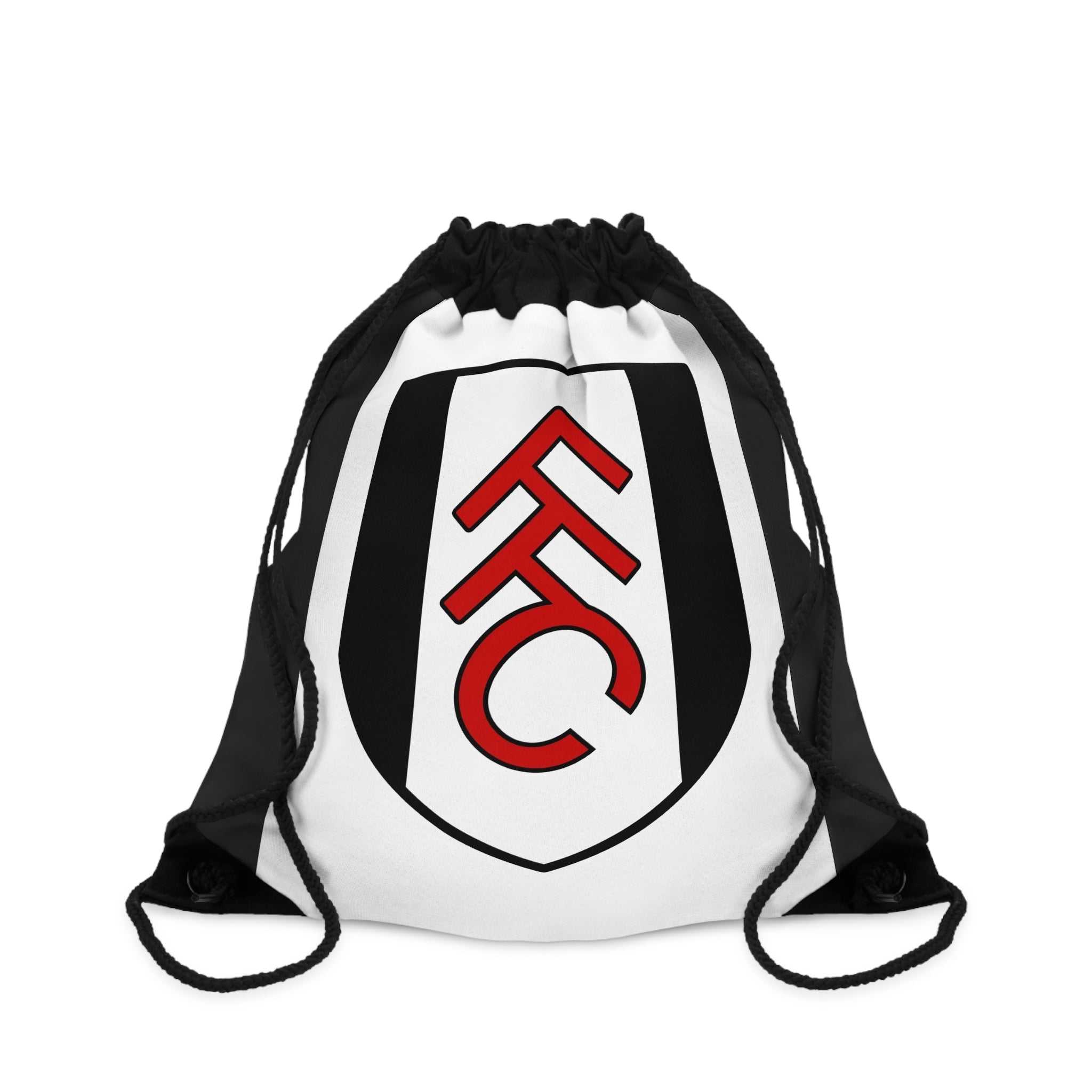 Fulham FC drawstring bag in black and white with club crest, lightweight polyester, durable, spacious interior, ideal for gym and casual use