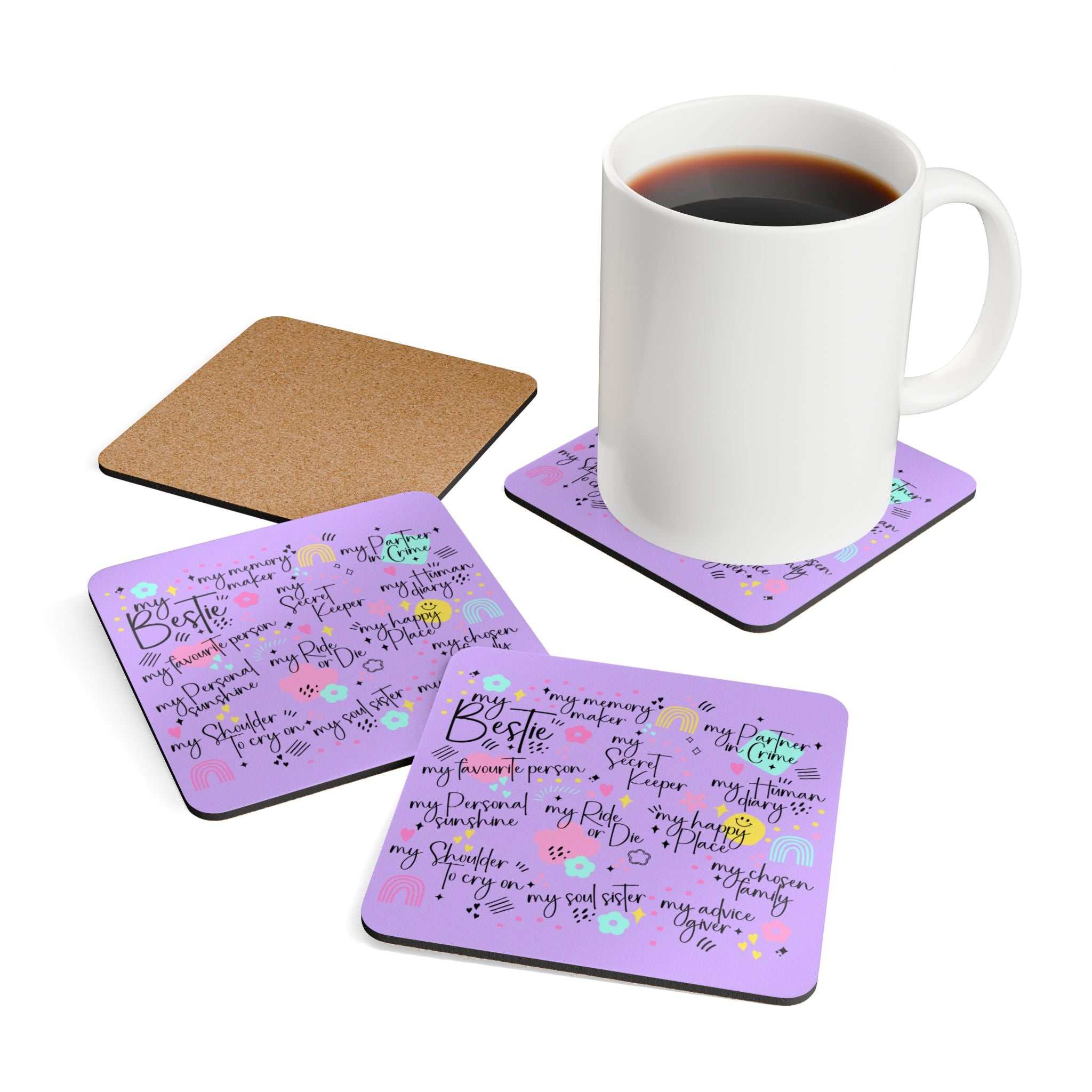 Bestie Violet Coaster Set with mug on table, high-gloss MDF top, cork back, purple design, 4-piece set.