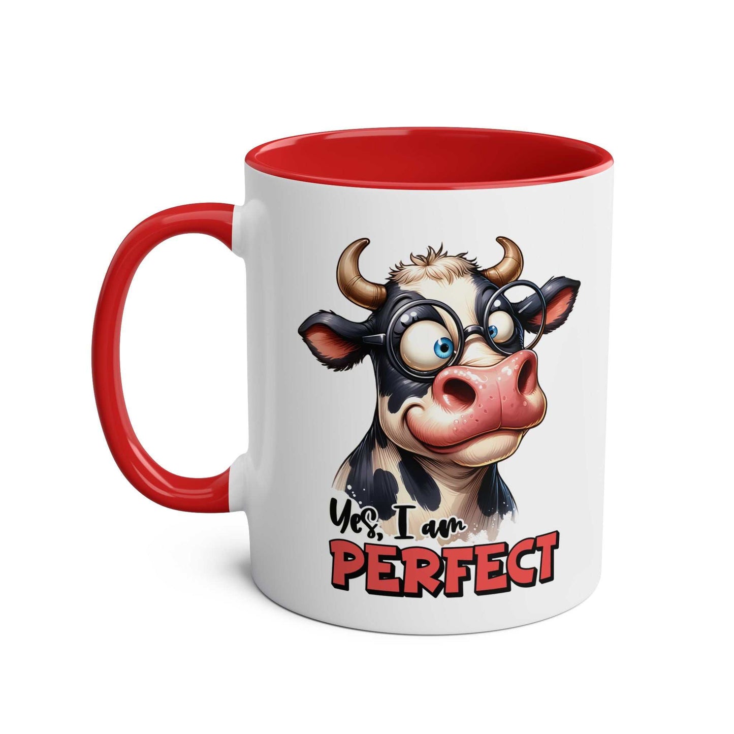 Cow-themed "I Am Perfect" coffee mug with red interior and handle.