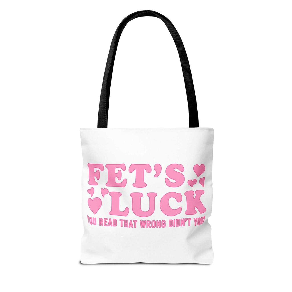 Pink heart tote bag with cheeky fun design, durable spun polyester, and multiple handle color options.